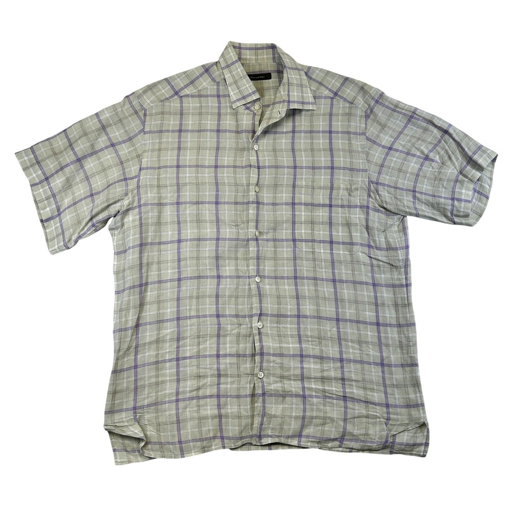 Ermenegildo Zegna Shirt Mens Large Plaid Short Sleeve 100% Linen Button Up